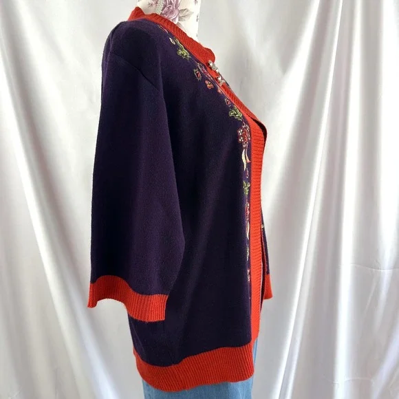 Wool‎ Blend Beaded Embroidered Sequin Open Cardigan Sweater Purple Red Floral - Picture 9 of 17